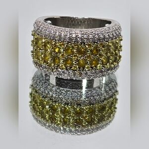 Wide Band Eternity Ring Silver Tone, Yellow and Clear CZs